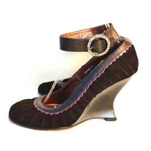 Roberto Botella Suede Wedge Heels Ankle Strap Buckle Ribbed Dark Brown US 6.5